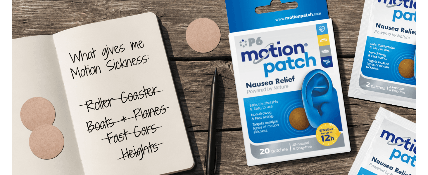 Motion Patch box and sachets beside a notebook listing motion-sickness triggers