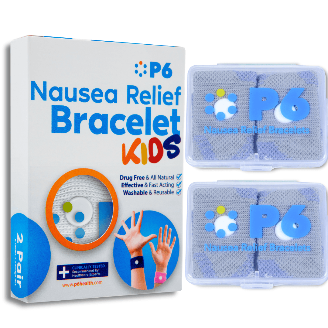 P6 Kids nausea relief bracelet box with two cases of gray kids bands, from the P6 Health homepage
