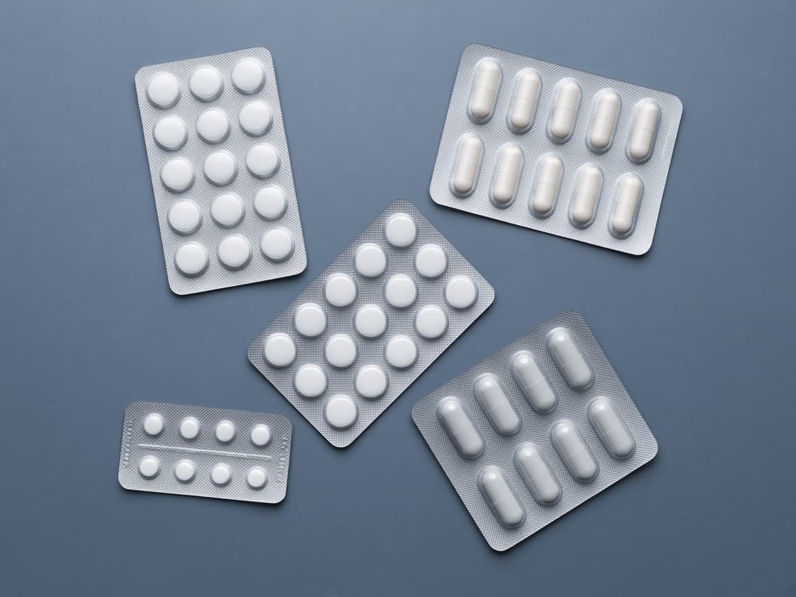 Blister packs of tablets and capsules on a blue surface