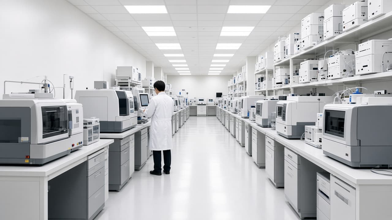 Analyst in a white coat standing between laboratory instruments